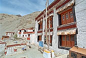 Ladakh - Rizong Gompa, the characteristc red painted windows on white washed faades